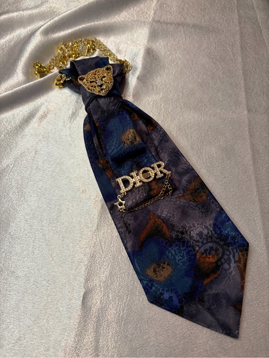 Dior Accessories - Dior Navy and Gold Floral Silk Tie Necklace with Gold Dior Pin